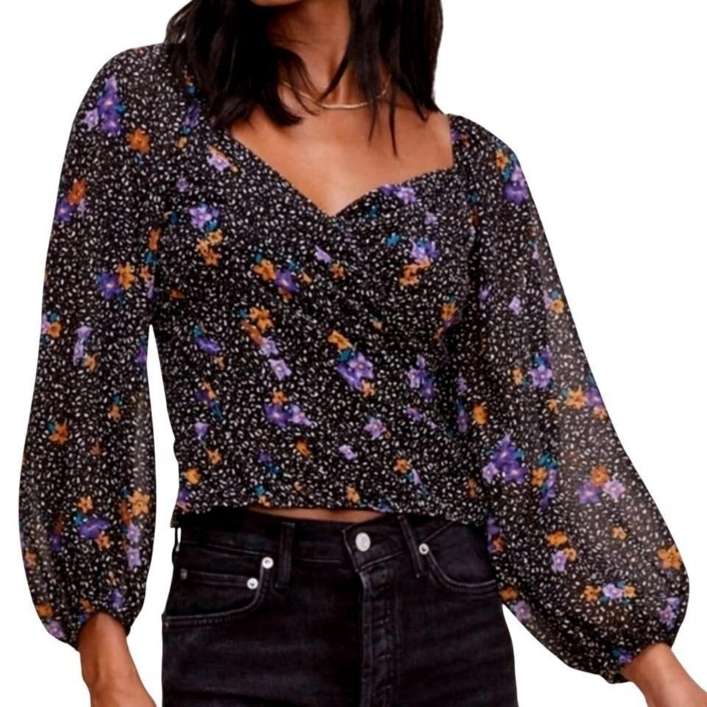 NEW ASTR the Label Floral Long Sleeve Crop Top Smocked Back M